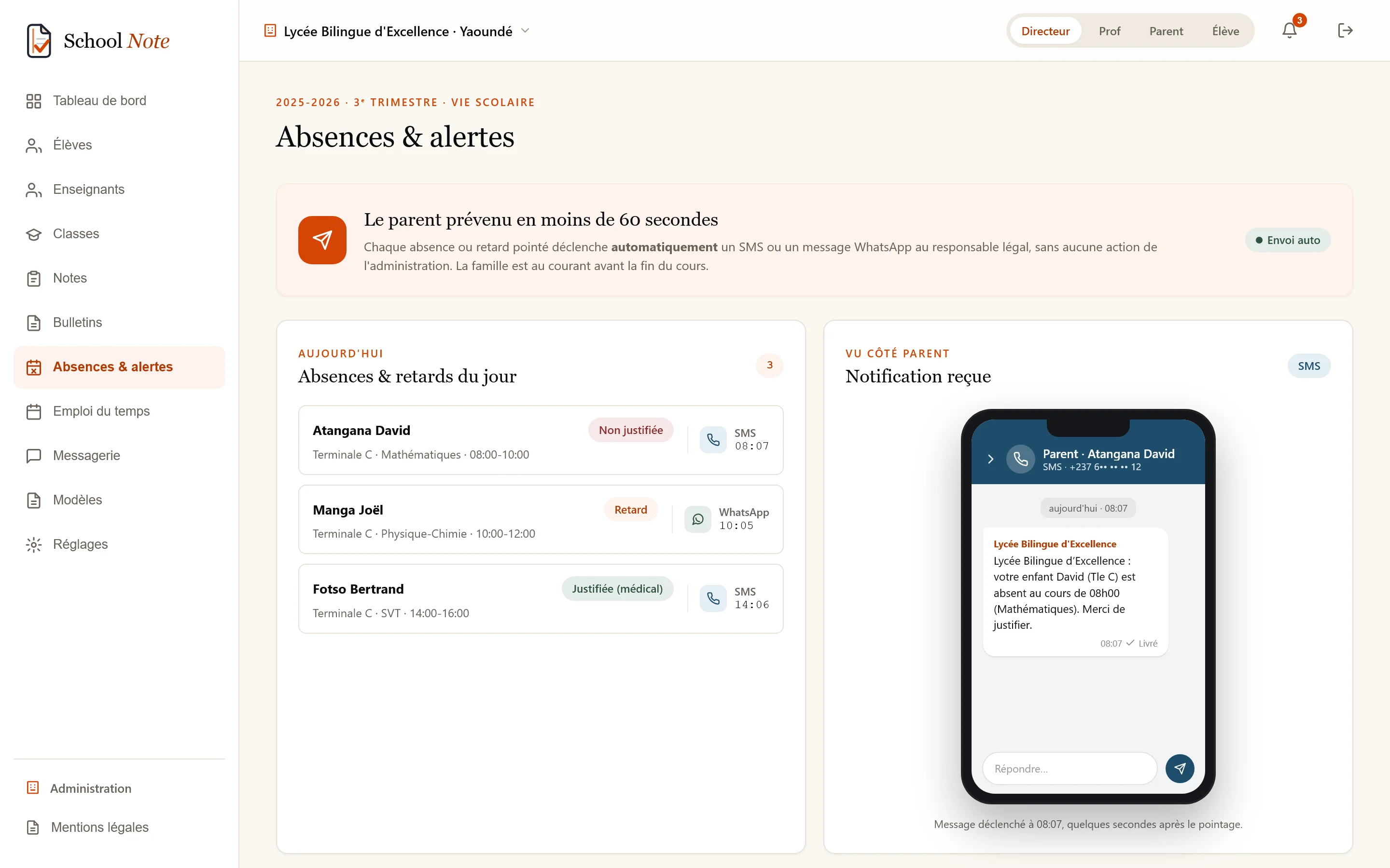 Écran absences et alertes de School Note : liste des absences du jour et notification SMS reçue par le parent sur son téléphone