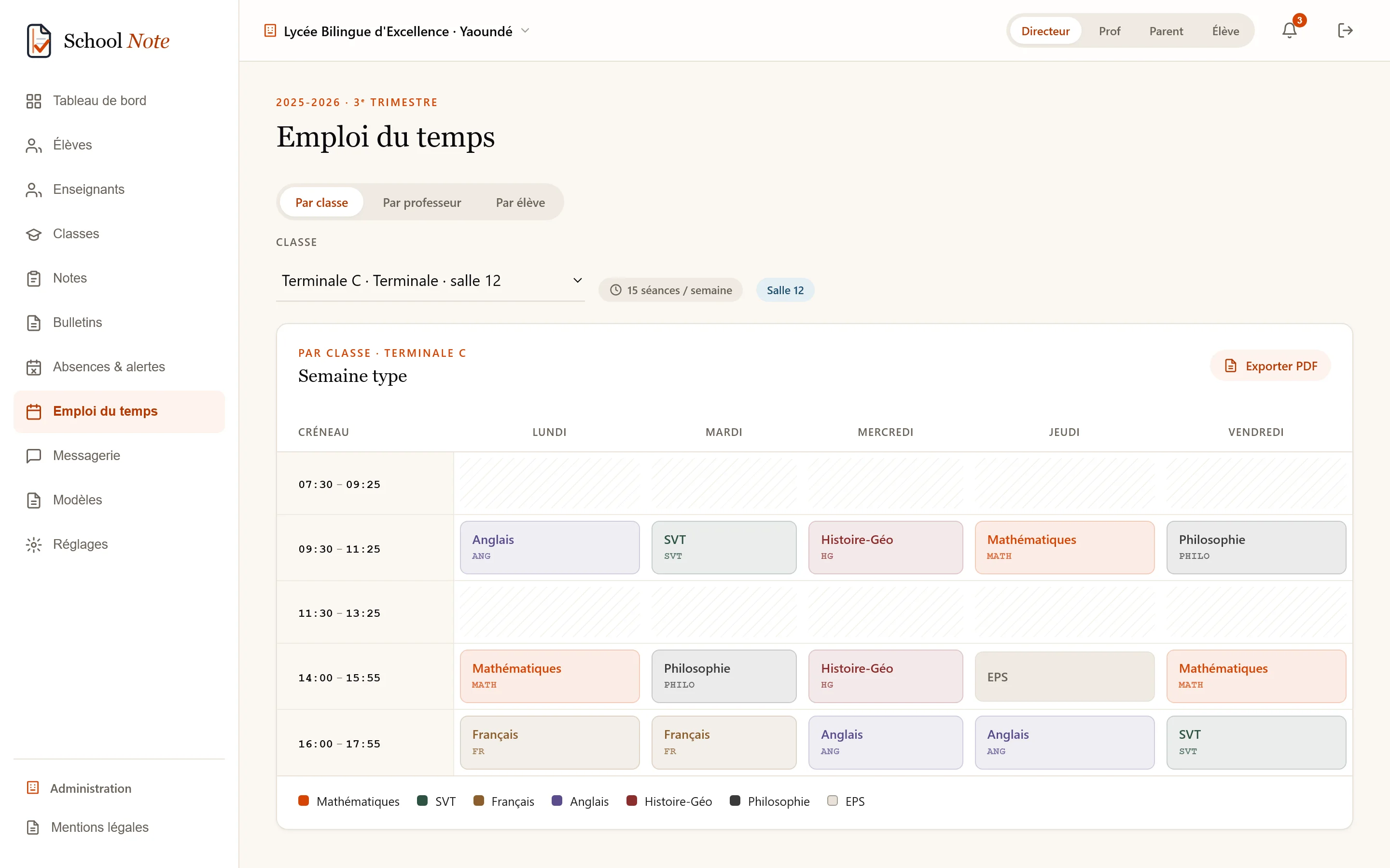 Emploi du temps School Note de la Terminale C : grille hebdomadaire colorée par matière avec salles et créneaux